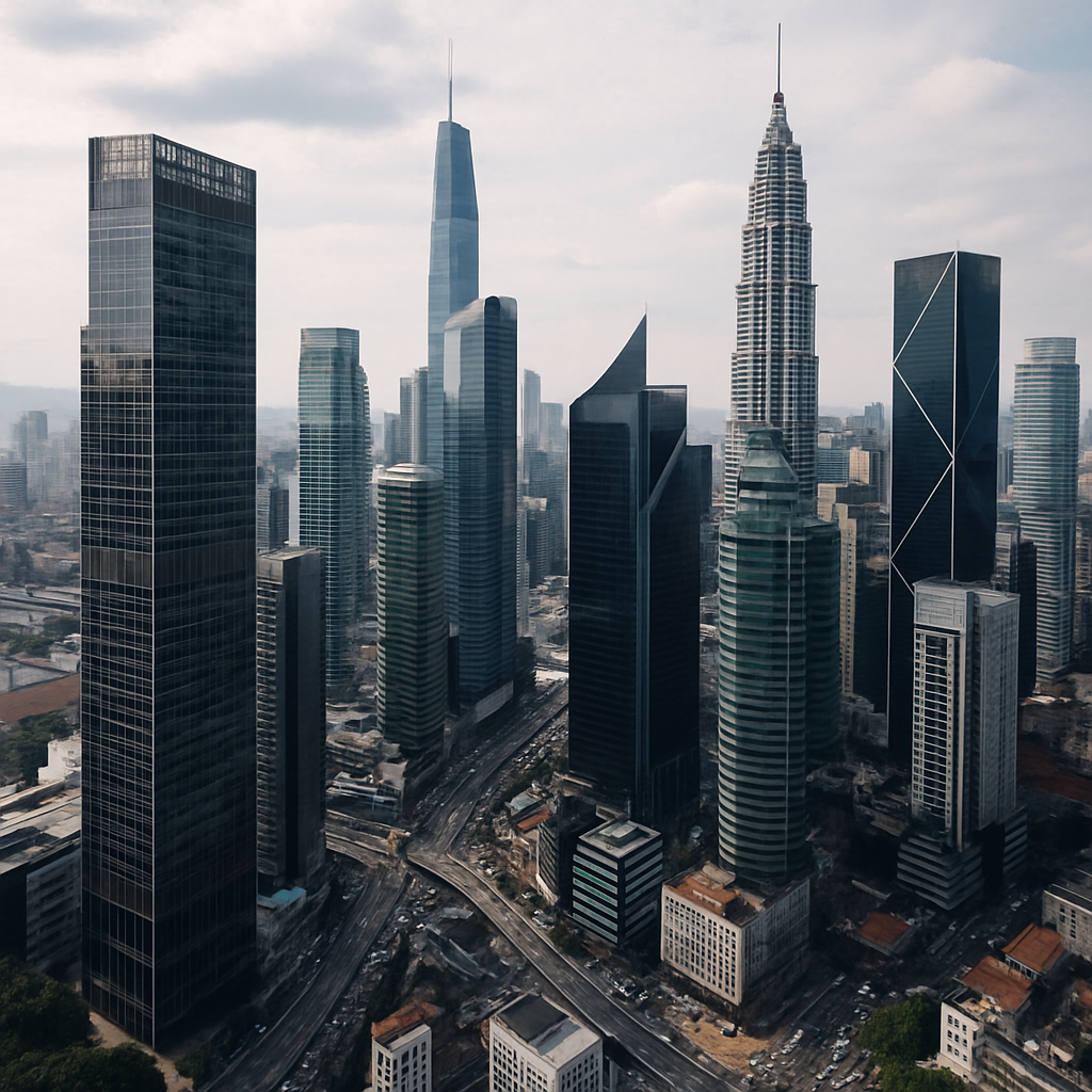 Aerial view of Kuala Lumpur's financial district skyline with modern skyscrapers and busy urban streets below