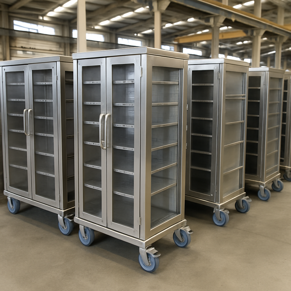 rows of stainless steel medical storage carts inside a manufacturing facility floor
