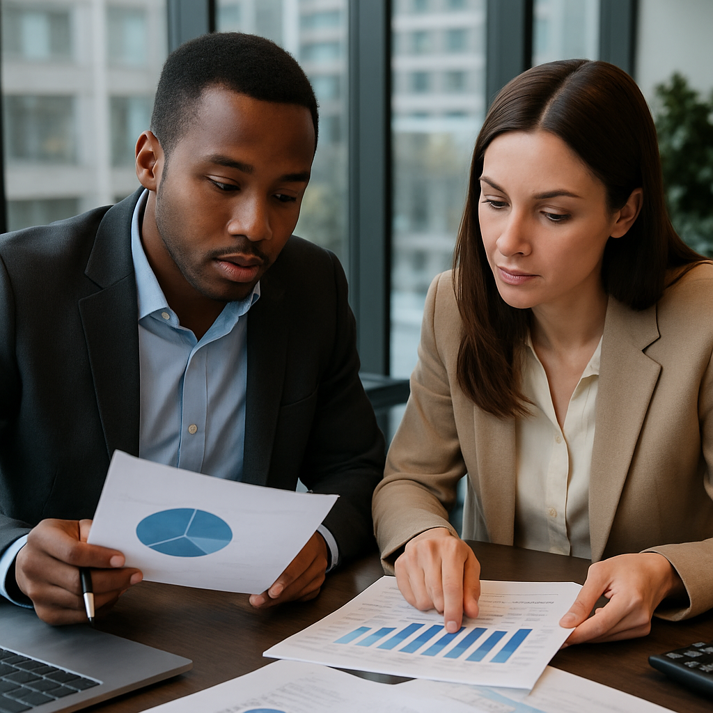 two professionals reviewing financial documents at a conference table in a modern office setting