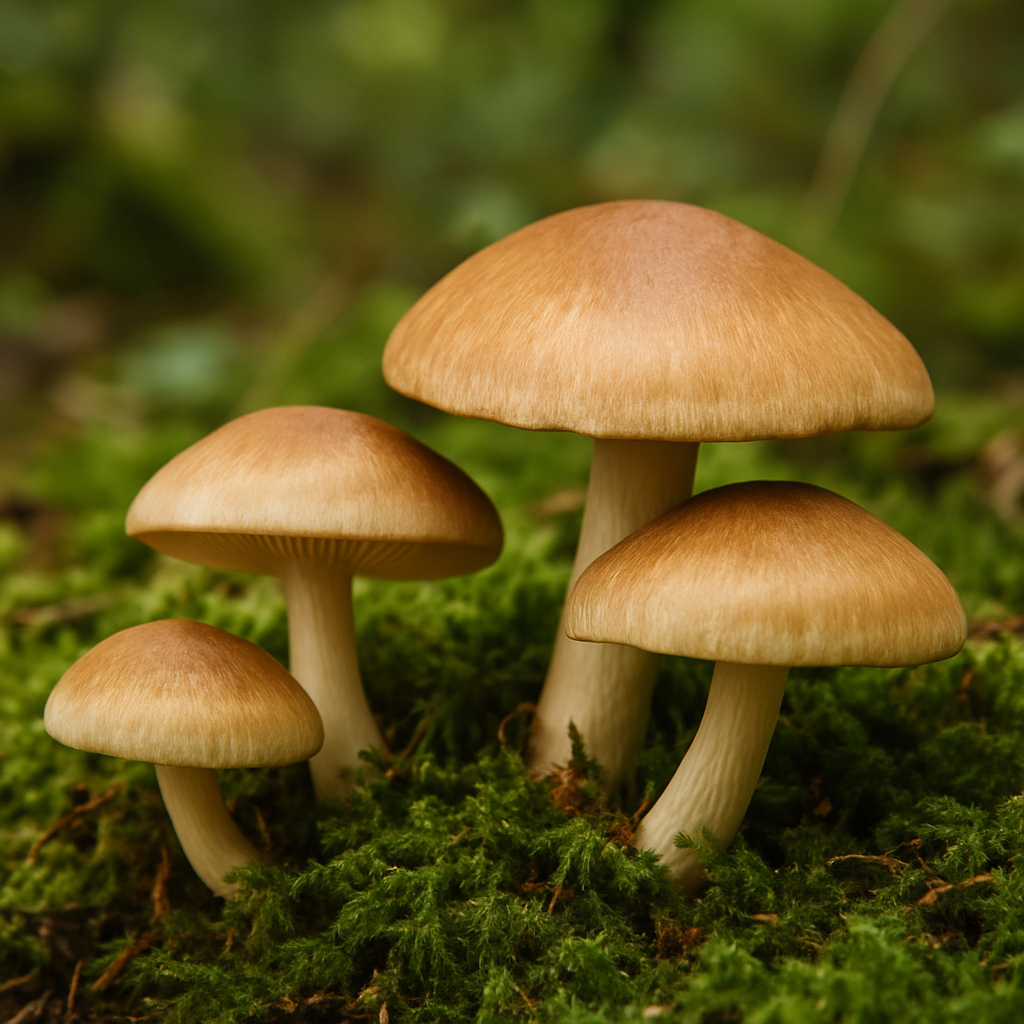 Close-up of wild mushrooms growing on a mossy forest floor, soft natural lighting, no text