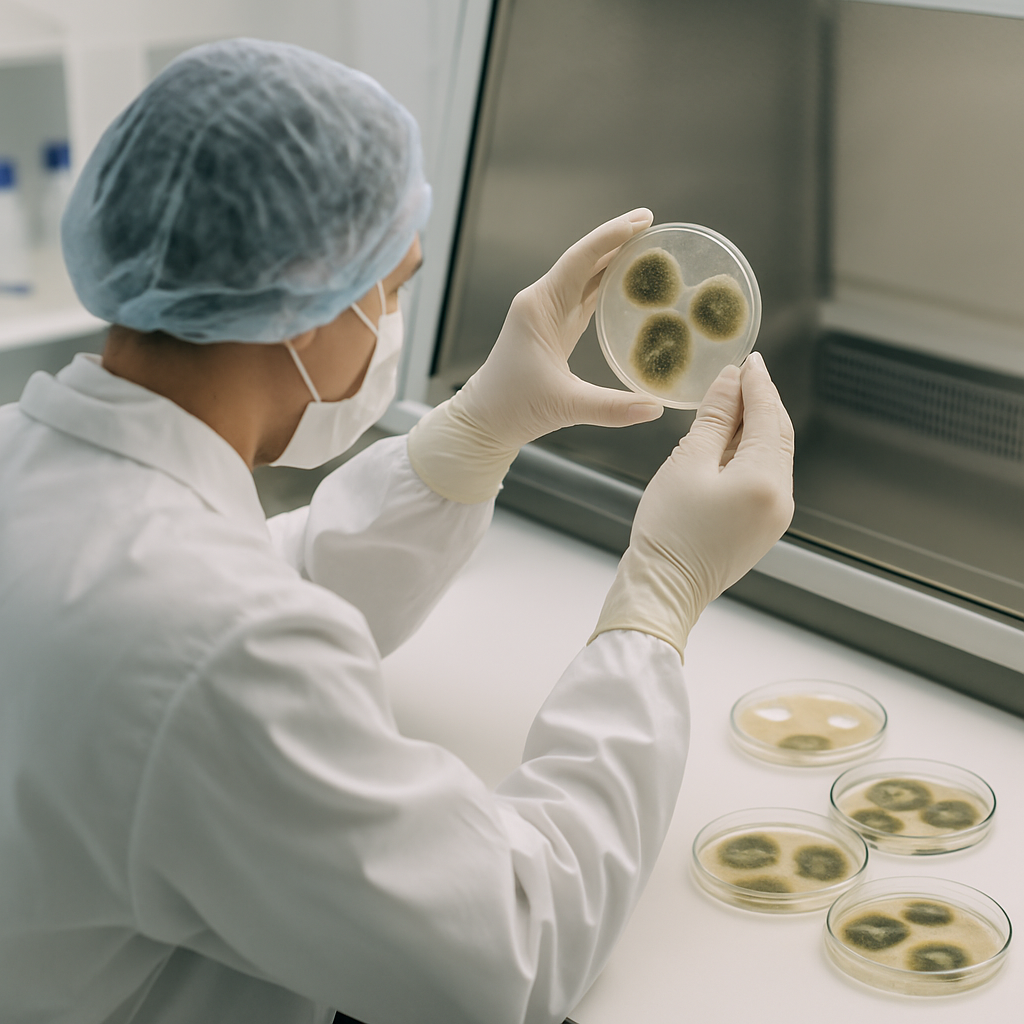 Scientific researcher examining petri dishes and fungal samples in a laboratory setting, sterile environment, no faces visible
