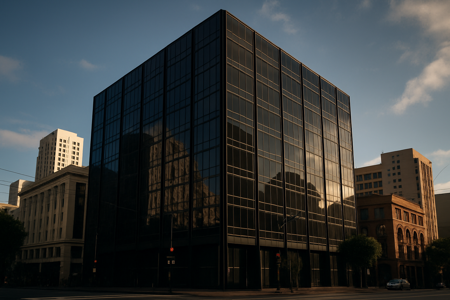 exterior of X headquarters building in San Francisco, late afternoon light on the dark glass facade