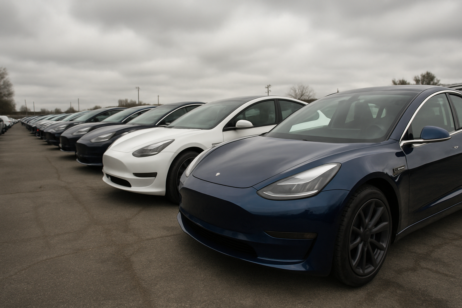 rows of Tesla electric vehicles parked on an outdoor delivery lot under overcast skies