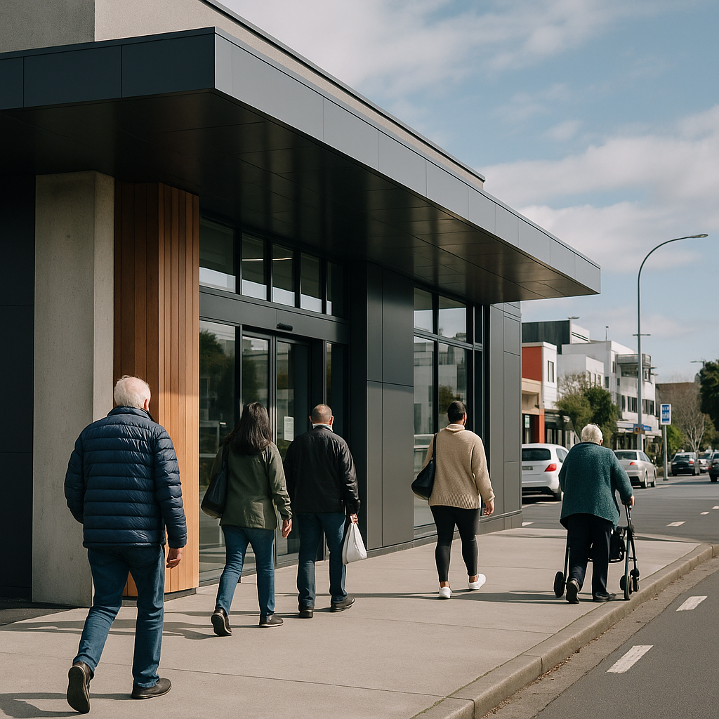 exterior of a modern community health clinic with patients walking in, natural daylight, urban New Zealand streetscape