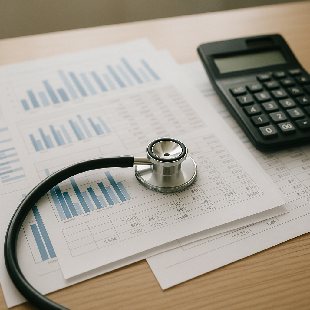 close-up of healthcare financial documents and a calculator on a desk, no faces, soft office lighting