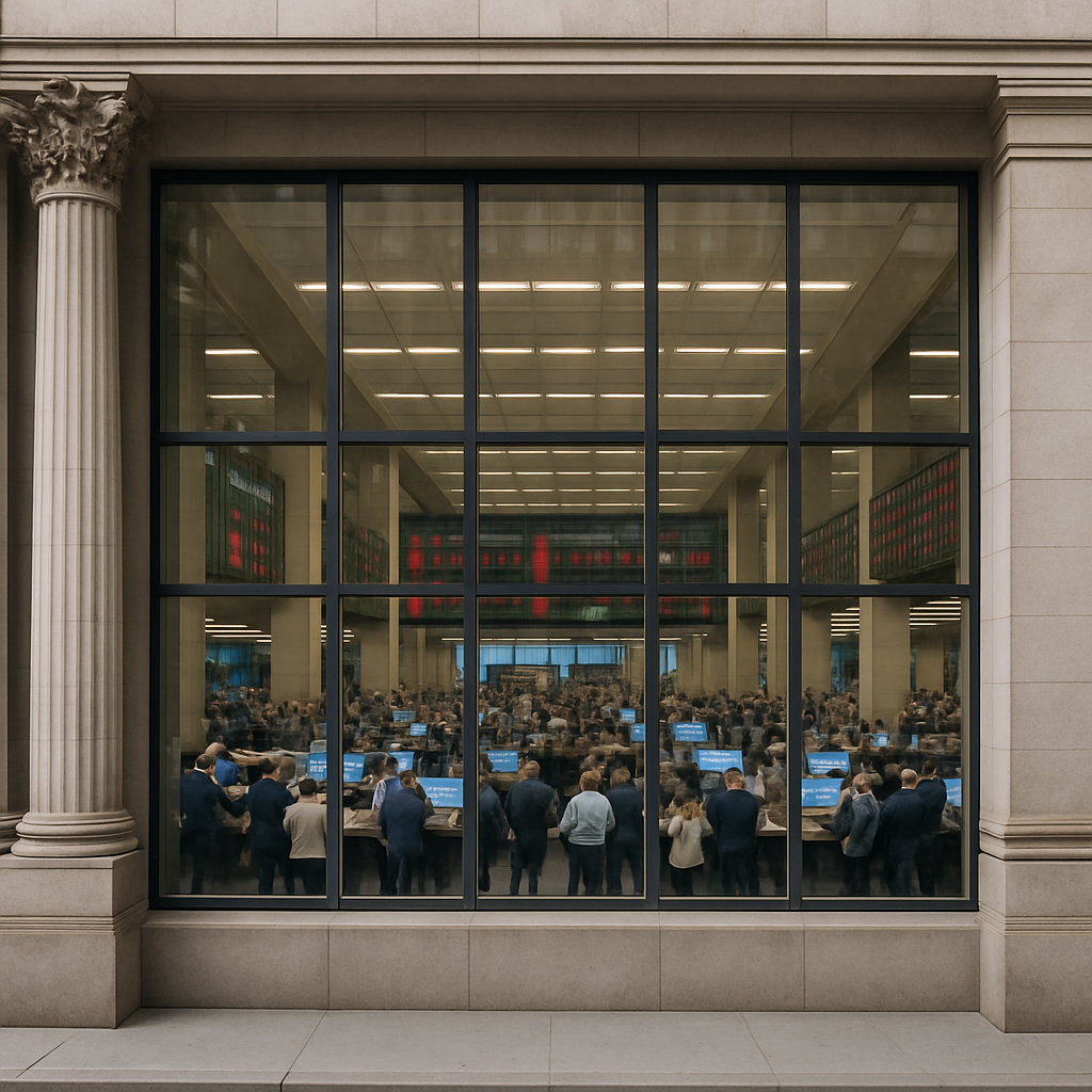 exterior of a large stock exchange building with trading floor visible through glass windows, natural daylight