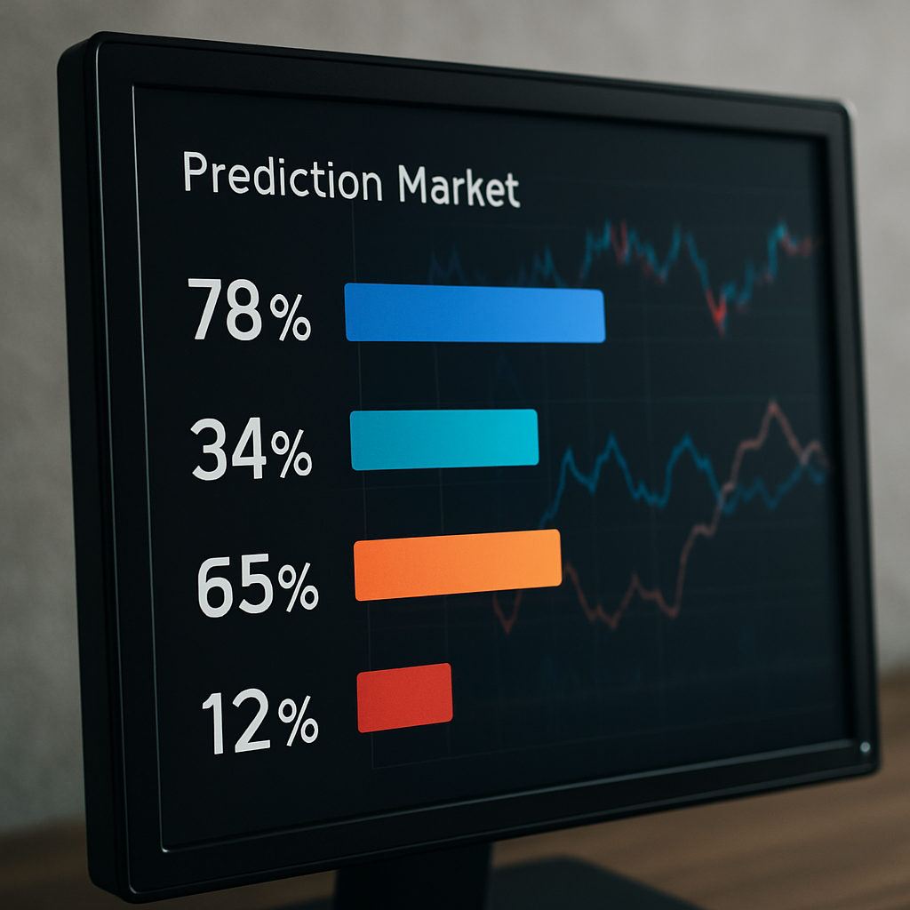 close-up of a computer monitor displaying a financial prediction market interface with probability percentage bars