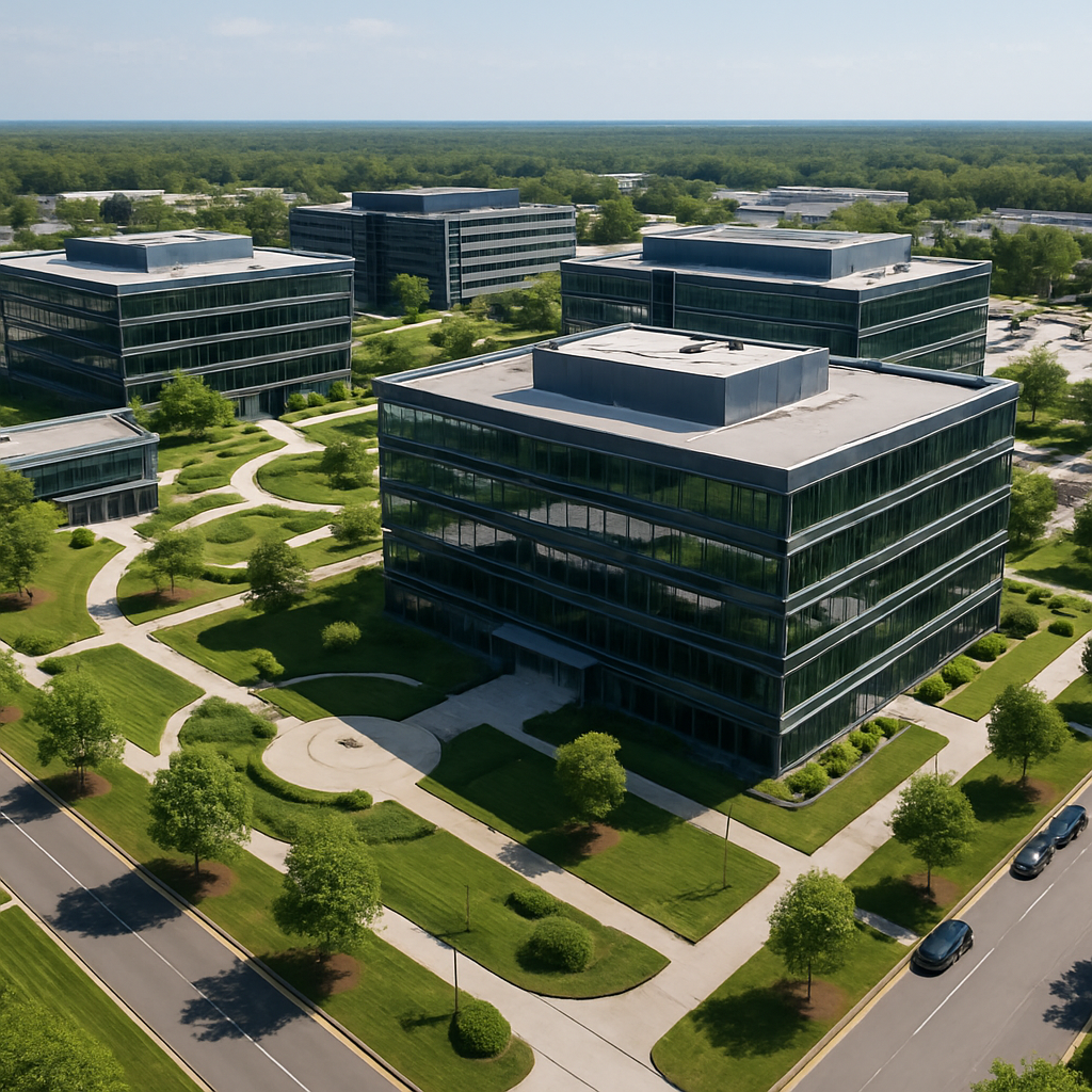 aerial view of a modern glass corporate office campus with manicured grounds, no signage visible