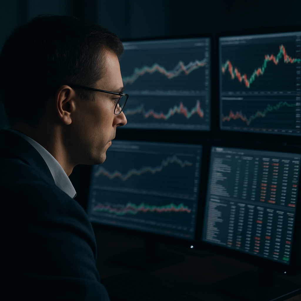 close-up of a financial analyst reviewing multi-screen trading and data dashboards in a dimly lit office environment