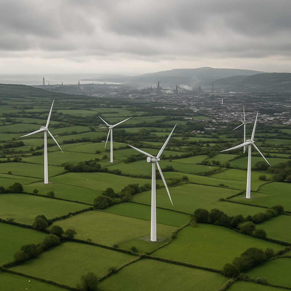aerial view of the Welsh countryside with wind turbines and a distant industrial town under overcast skies