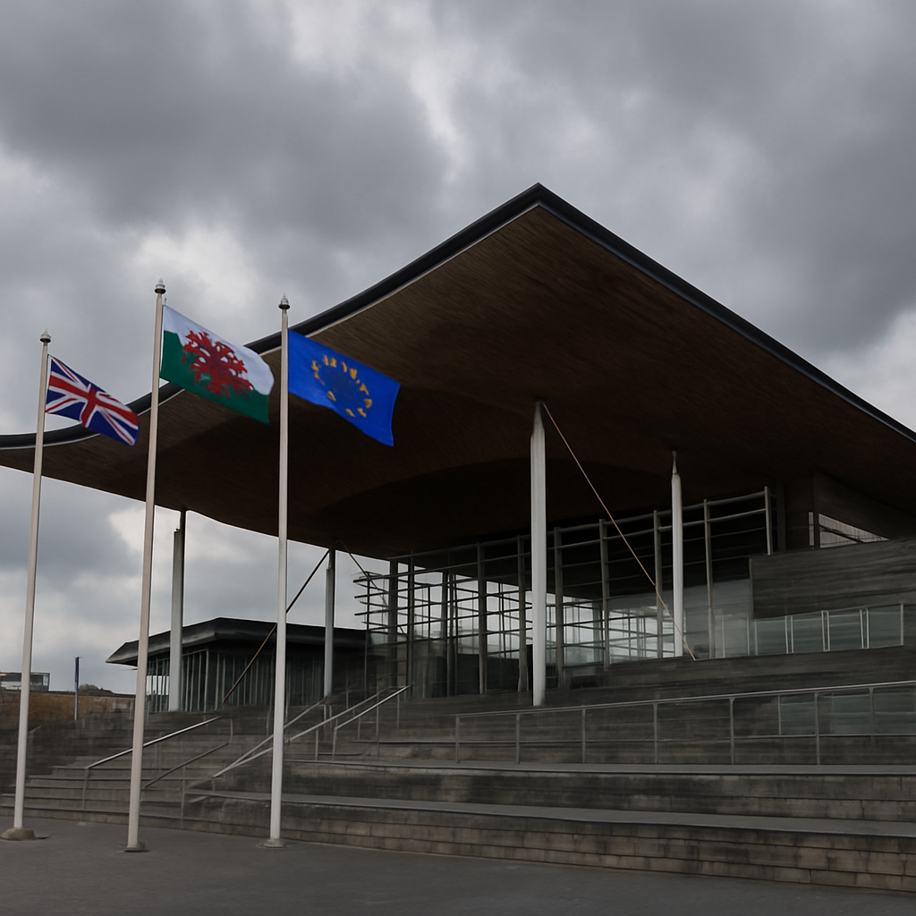 exterior of the Senedd building in Cardiff Bay on a cloudy afternoon, flags visible against the sky