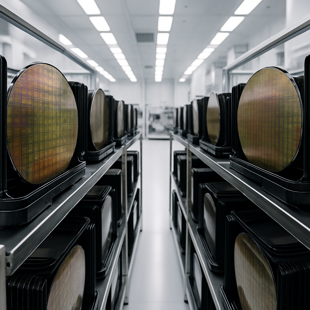 rows of semiconductor wafer trays inside a modern chip fabrication facility