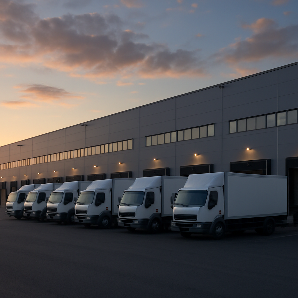 fleet of delivery trucks lined up at a large distribution warehouse at dawn