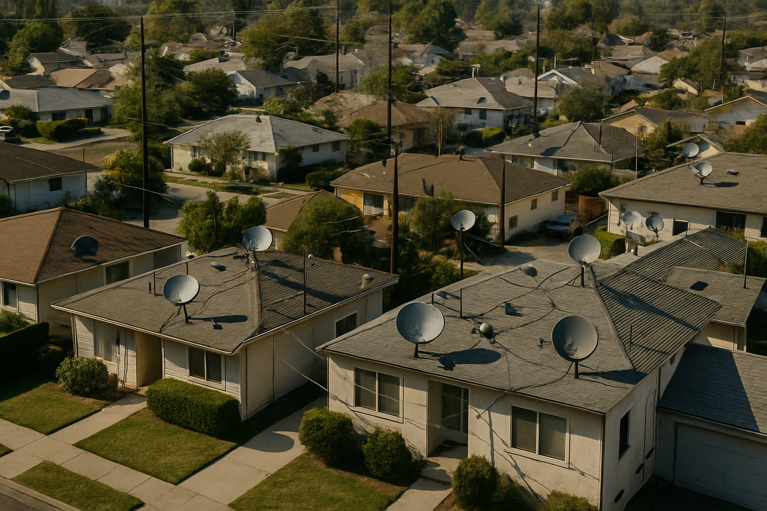 aerial view of suburban neighborhood with satellite dishes and cable infrastructure on rooftops