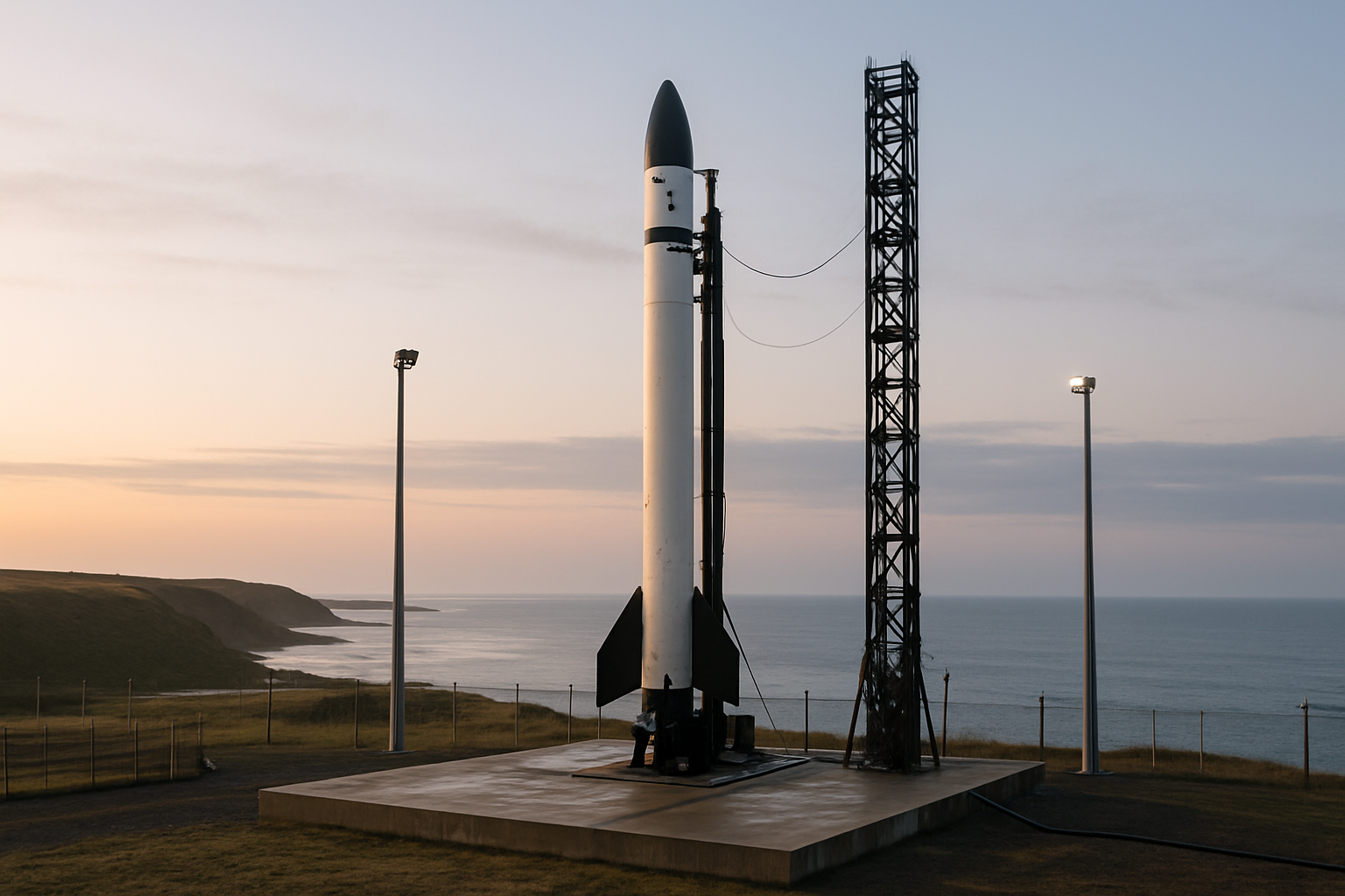 small orbital rocket on a launch pad at a remote coastal facility during early morning light