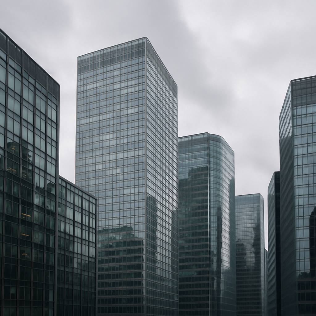 rows of glass-fronted office towers in a major financial district reflecting overcast sky