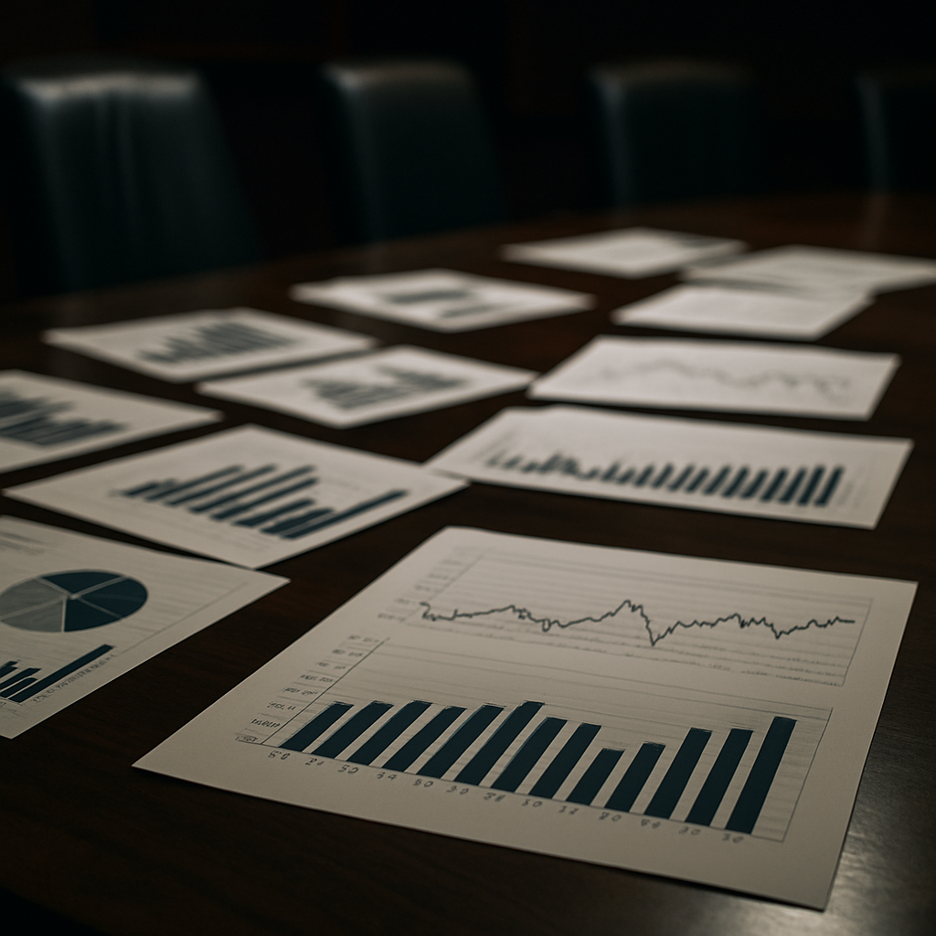 close-up of financial documents and data printouts spread across a conference table in a dimly lit boardroom