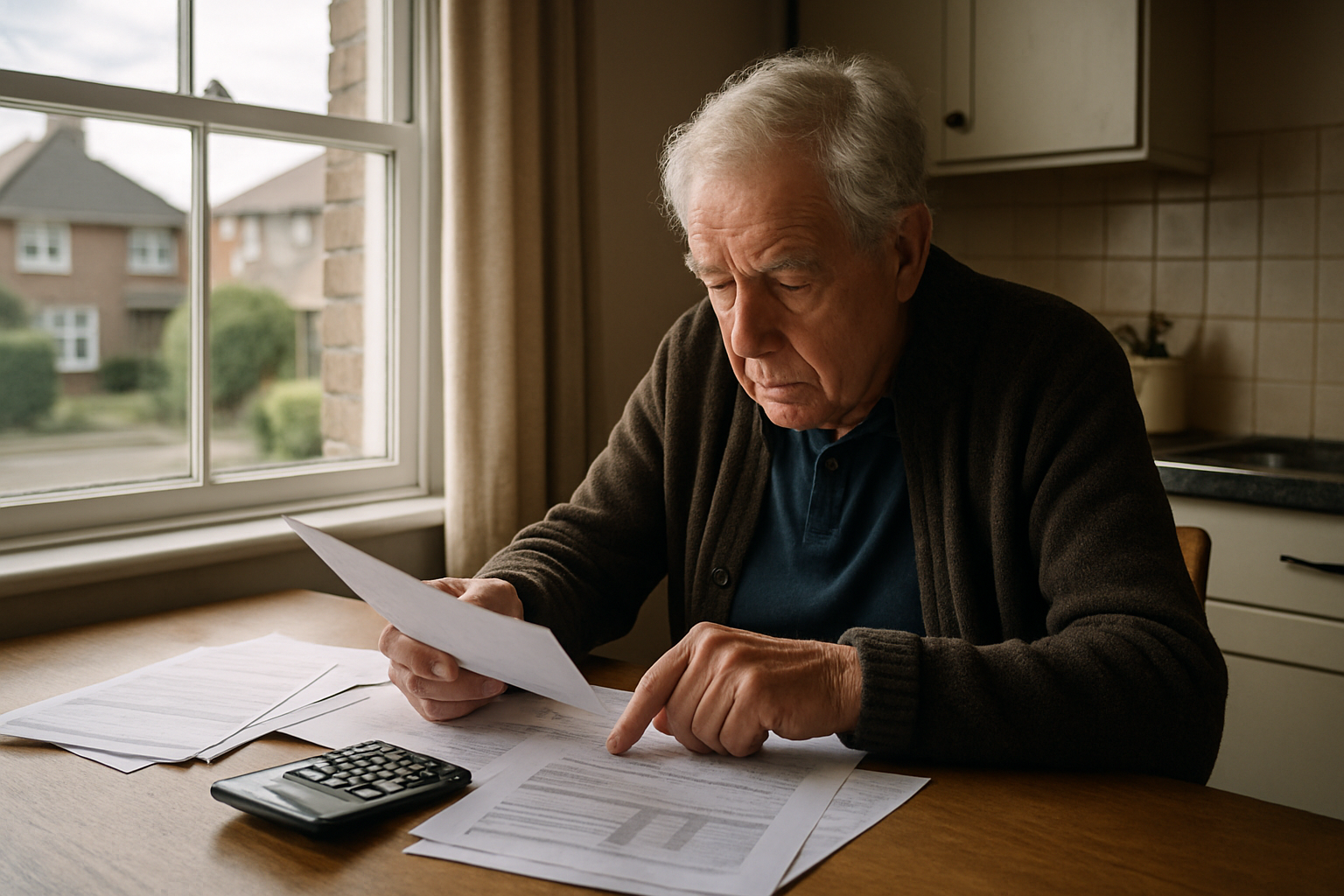 An older person sitting at a kitchen table reviewing financial documents beside a window overlooking a residential neighborhood