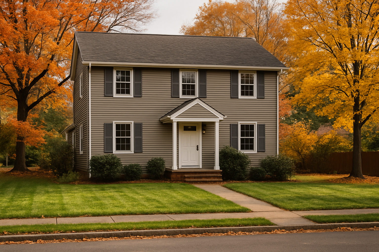 A suburban two-story house with a well-maintained front lawn on a quiet street in autumn