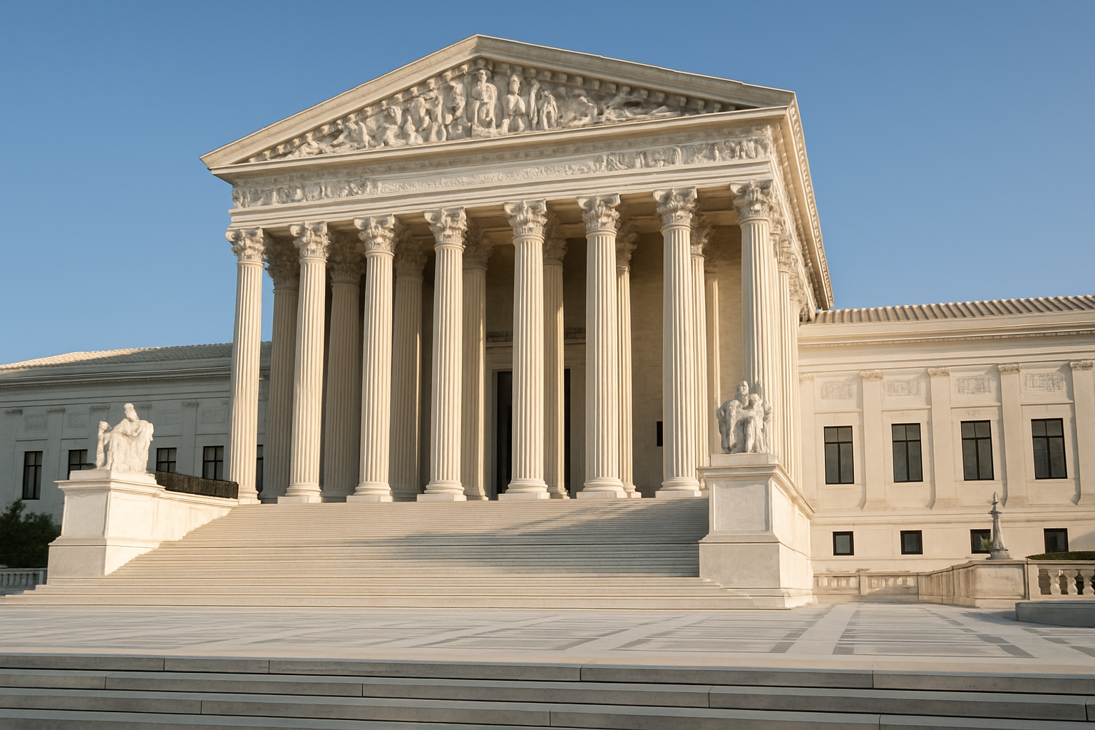 exterior of the United States Supreme Court building on a clear morning, stone columns and steps visible