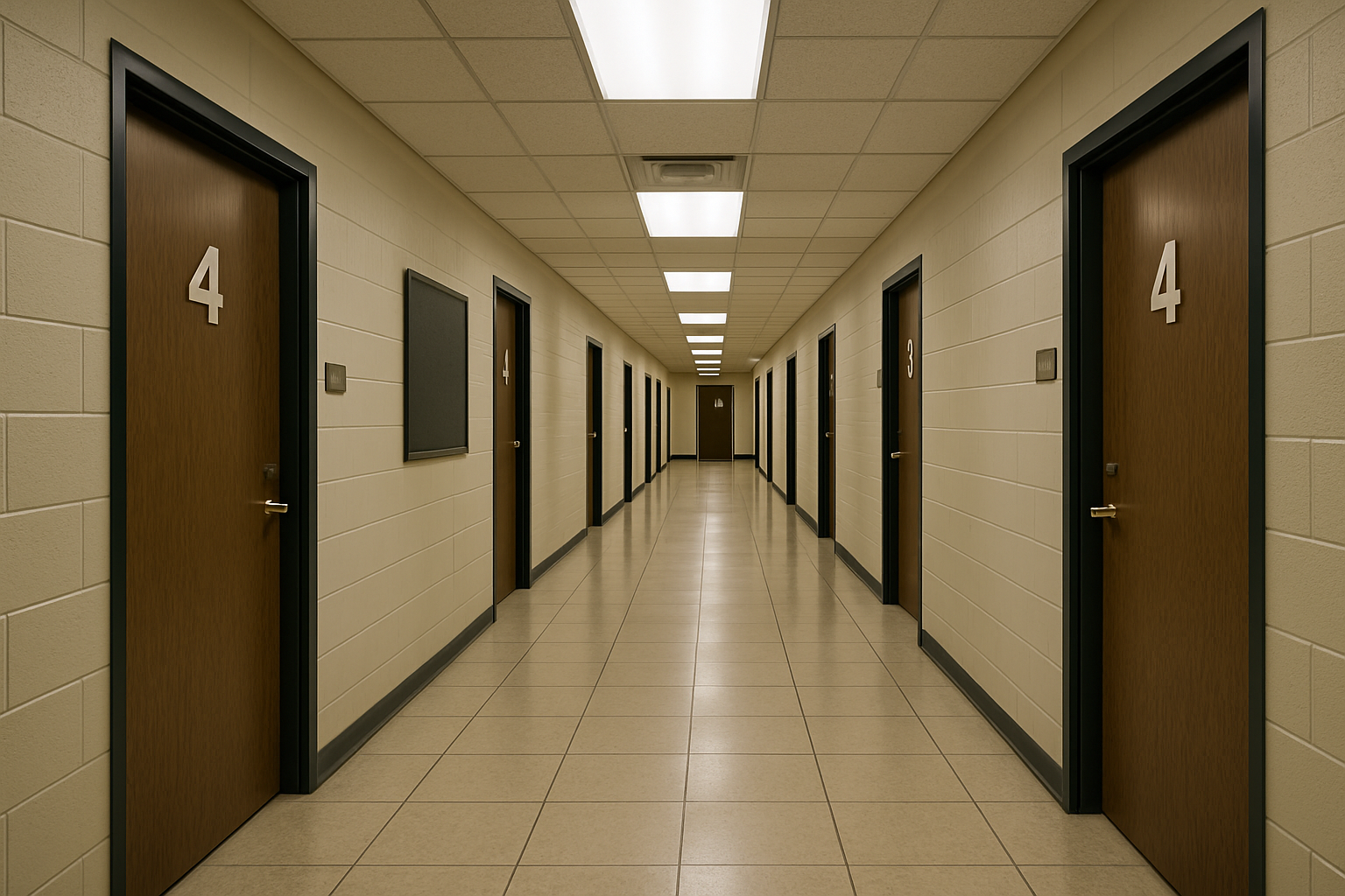 wide-angle view of a federal agency office corridor with numbered doors and fluorescent lighting, no people visible