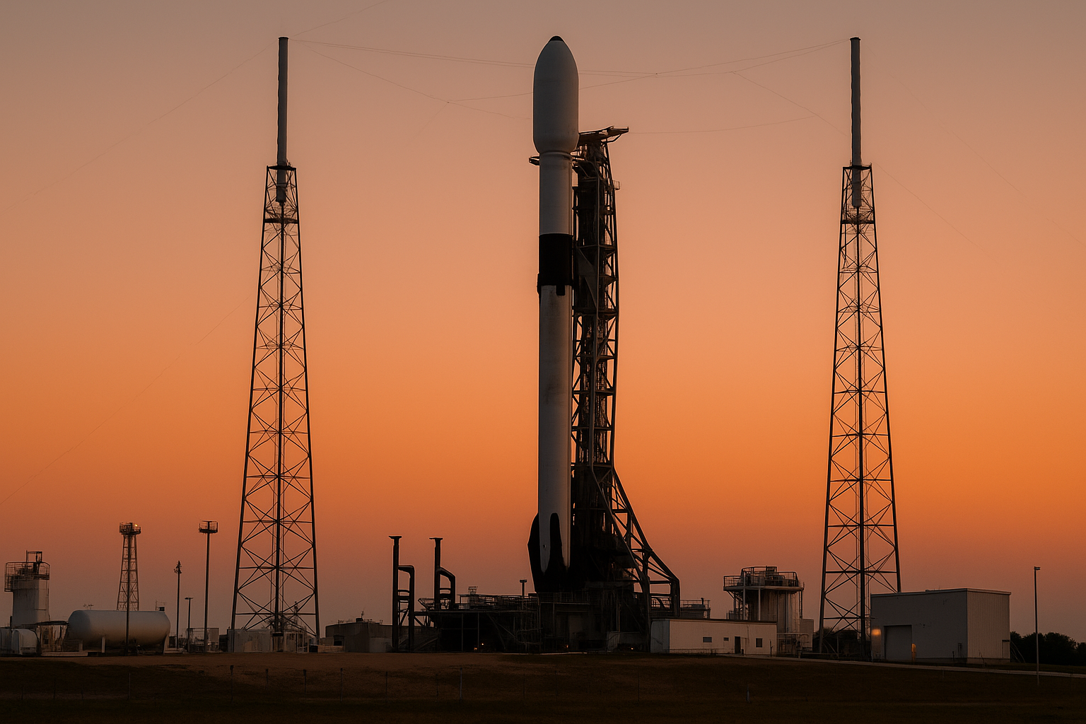 A Falcon 9 rocket on the launch pad at Cape Canaveral at dusk, surrounded by ground support equipment and a clear orange sky