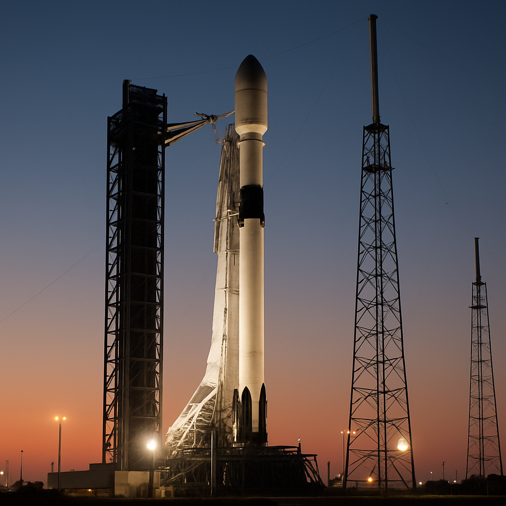 Falcon 9 rocket on a launch pad at dusk with a clear sky and support infrastructure visible