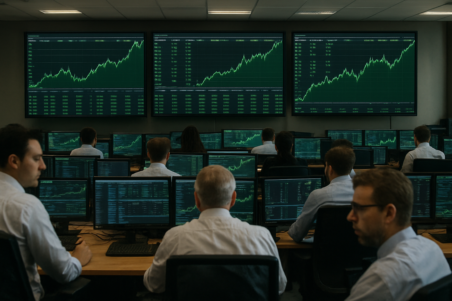 A trading floor with multiple large display screens showing index data and green price movements, traders seated at workstations in the foreground