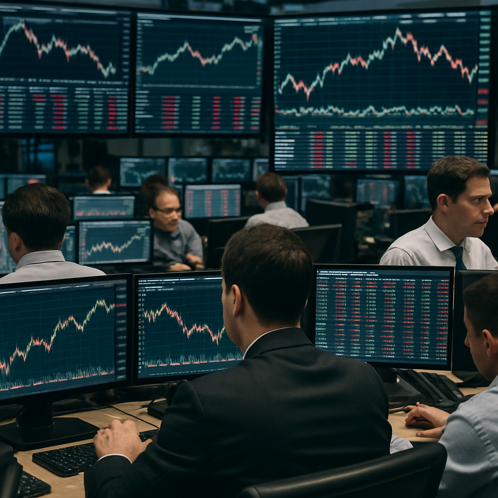 Trading floor with multiple screens displaying index charts and ticker data, no identifiable faces