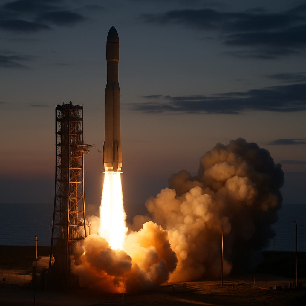 a rocket launch pad at dusk with exhaust clouds and a darkening sky over the ocean