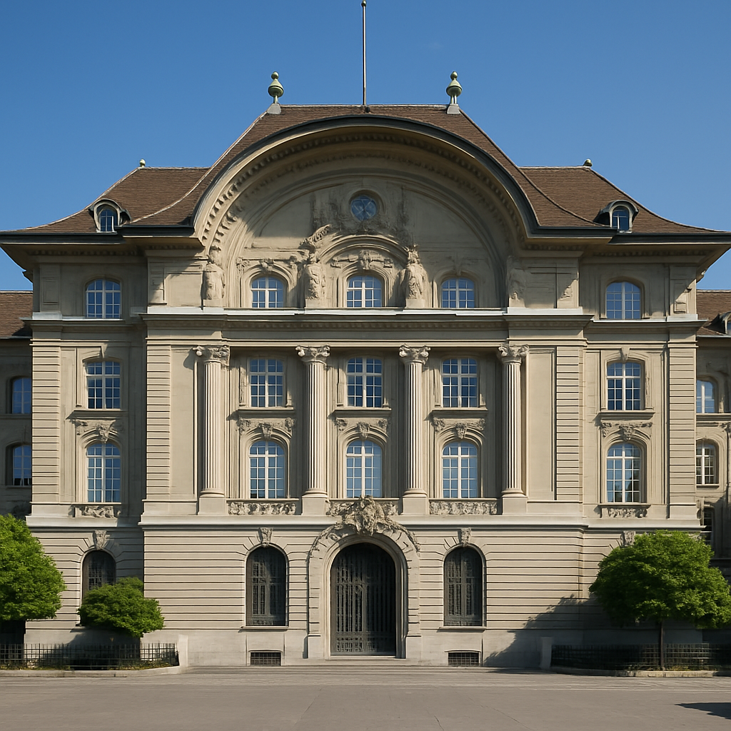 exterior of the Swiss National Bank headquarters building in Bern, Switzerland, classical stone architecture on a clear day