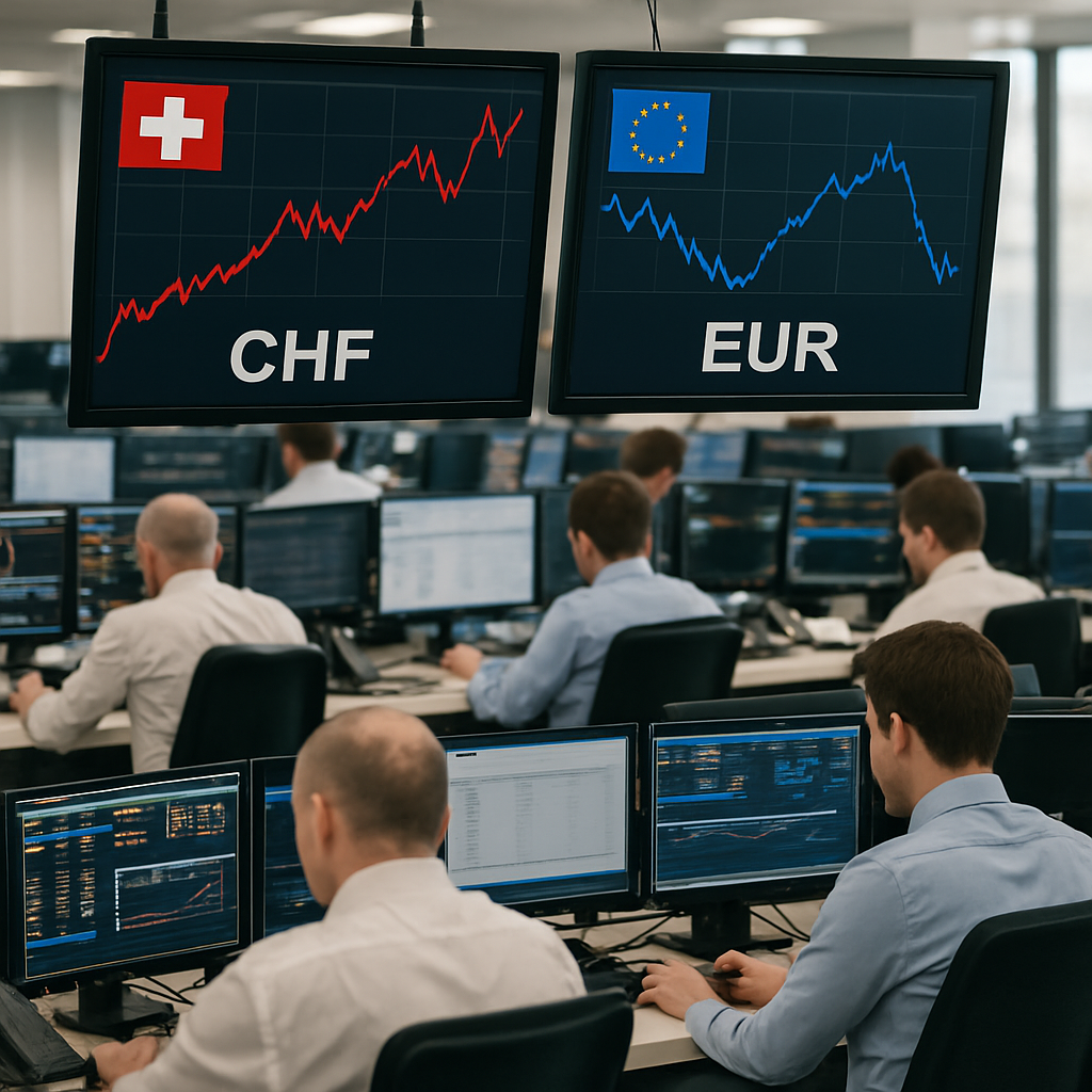 trading floor with currency rate monitors displaying Swiss franc and euro exchange rates, no visible faces