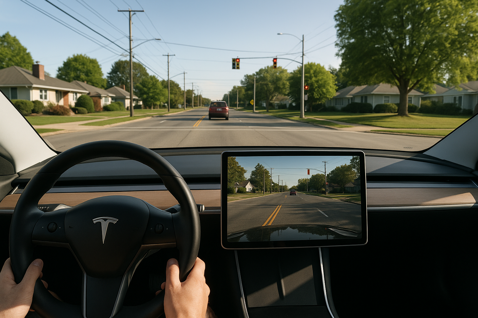 A Tesla Model 3 navigating a suburban intersection on a clear afternoon, captured from the driver's perspective showing the steering wheel and forward camera display