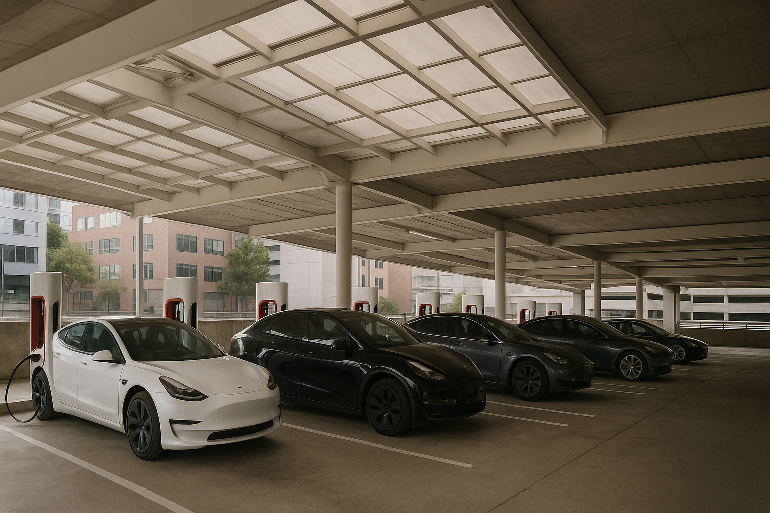 A Tesla Supercharger station in an urban parking structure with multiple vehicles connected, shot from a wide angle showing the charging canopy overhead