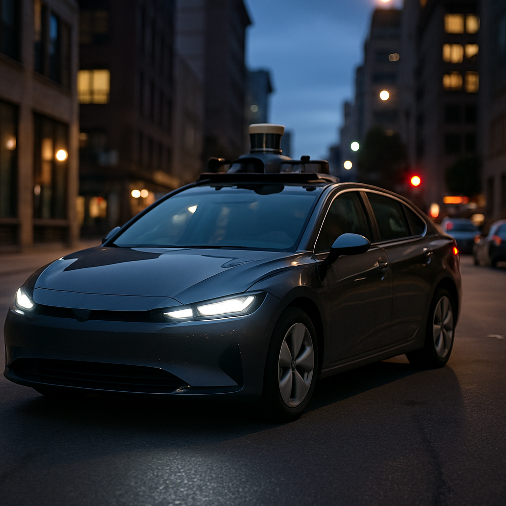 A self-driving electric vehicle navigating an urban street at dusk, shot from a low angle showing sensor arrays on the roof