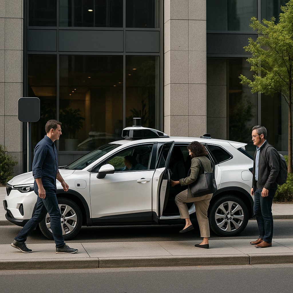 A robotaxi pickup zone at a modern city curb, showing passengers boarding an autonomous vehicle, photographed from across the street