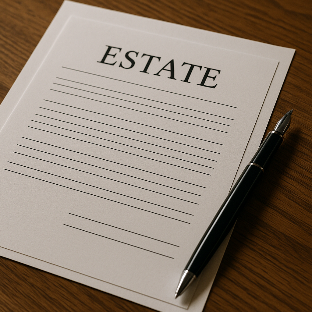 close-up of unsigned legal estate documents on a wooden desk with a pen beside them
