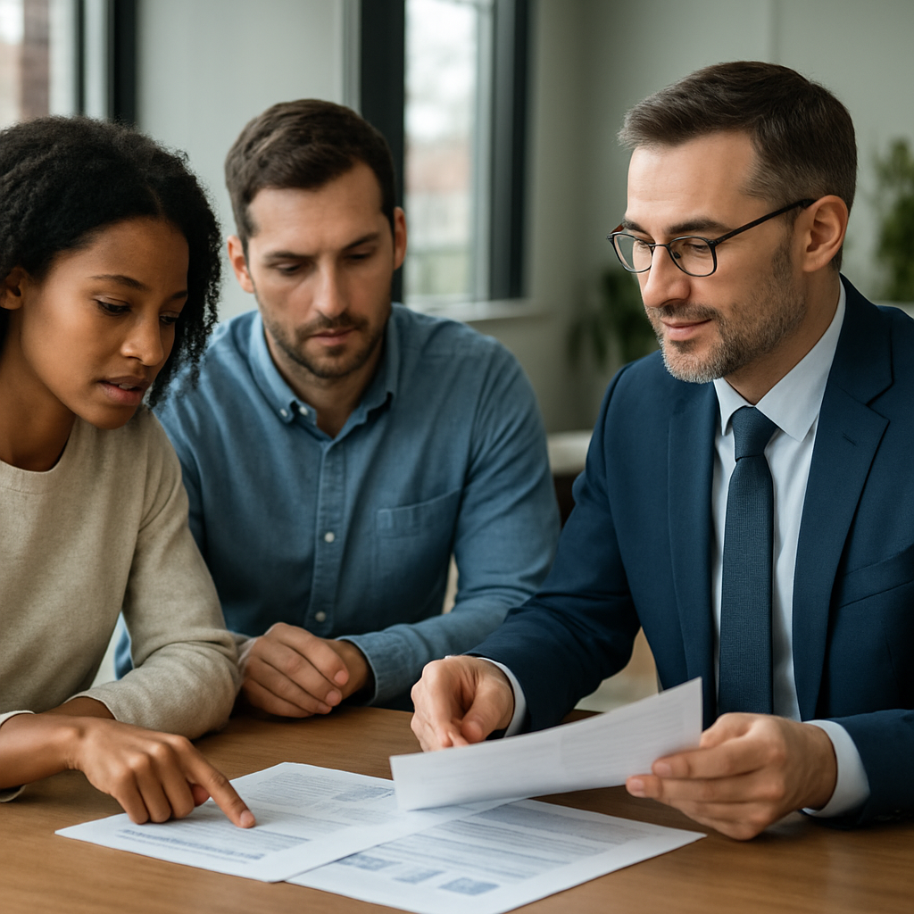 two people sitting across from a financial advisor at a conference table reviewing printed documents
