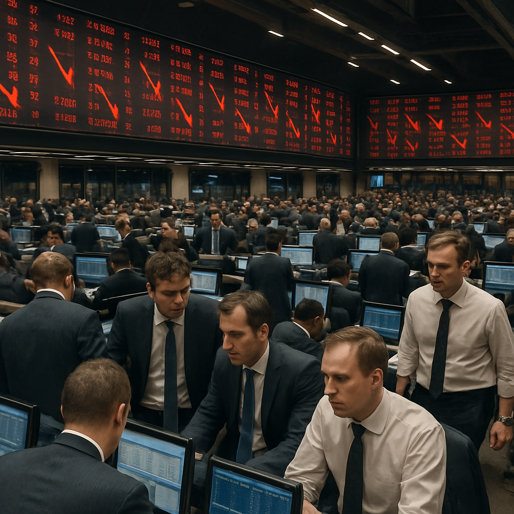trading floor with stock ticker boards showing declining numbers, wide-angle view of a busy exchange