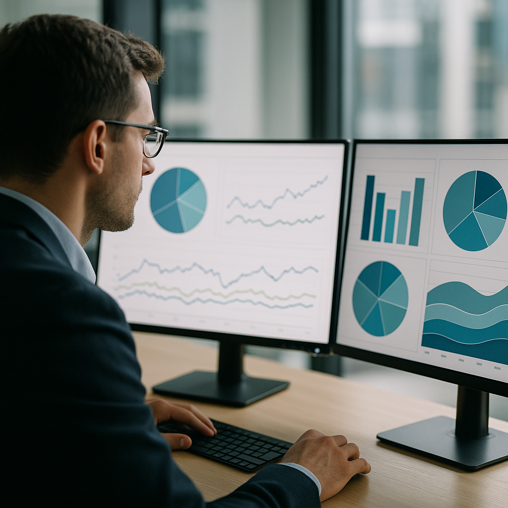 close-up of a financial analyst reviewing portfolio allocation charts on dual monitors in a modern office