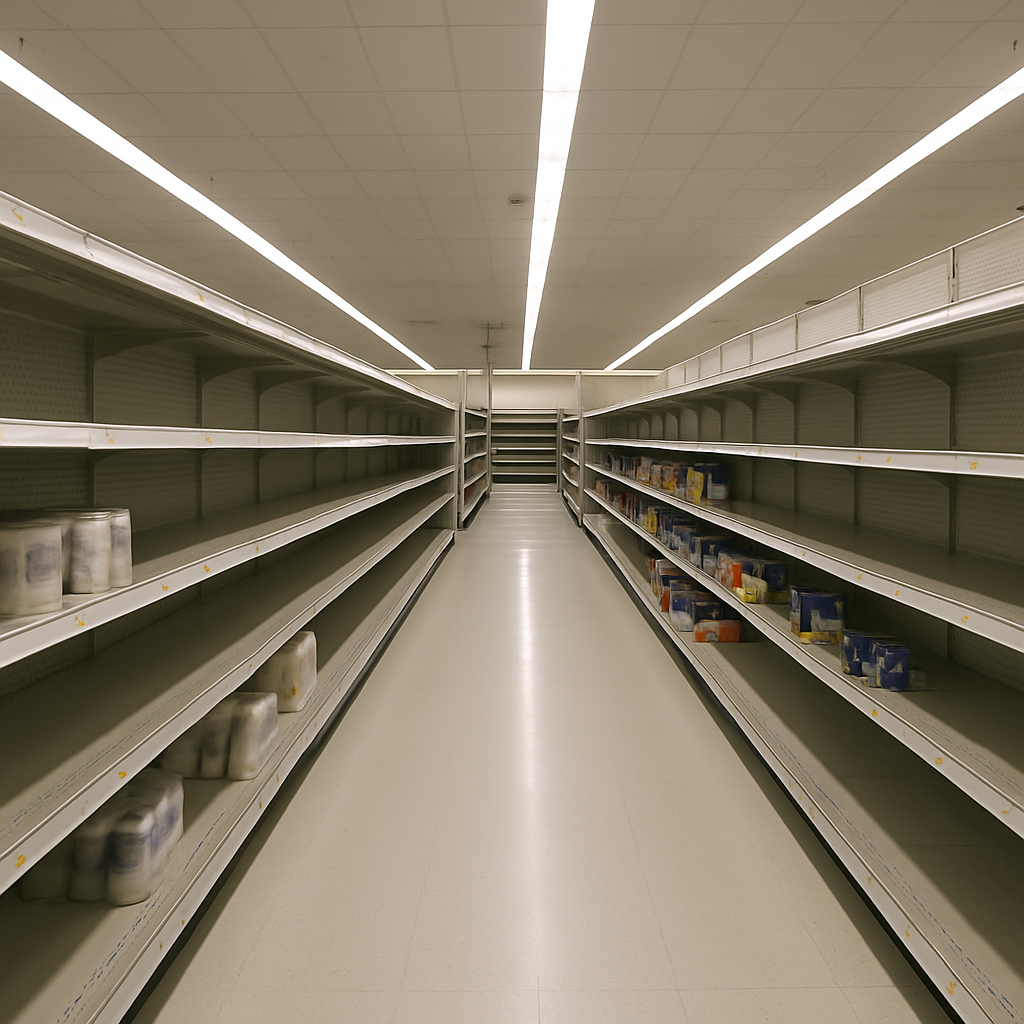 rows of partially empty retail store shelves in a large big-box store, soft overhead lighting, no visible branding