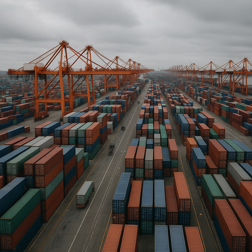 aerial view of a busy container port with stacked shipping containers and cargo cranes, overcast sky, no visible text