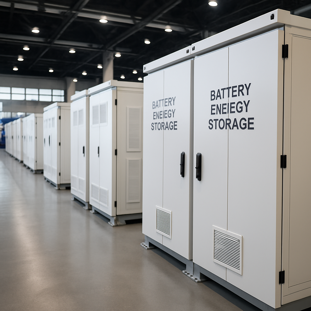 rows of large-scale battery energy storage cabinets inside a modern trade exhibition hall