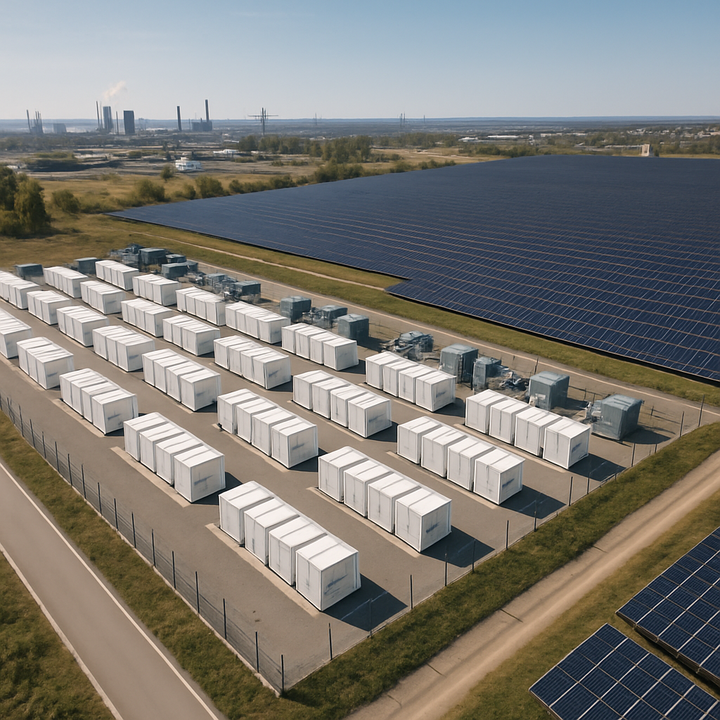 aerial view of a large outdoor battery storage facility next to a solar farm in a European industrial landscape