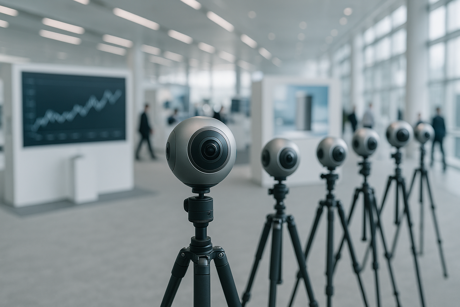 A row of 360-degree camera devices mounted on tripods inside a modern electronics trade show exhibition hall, display screens and product banners visible in the background