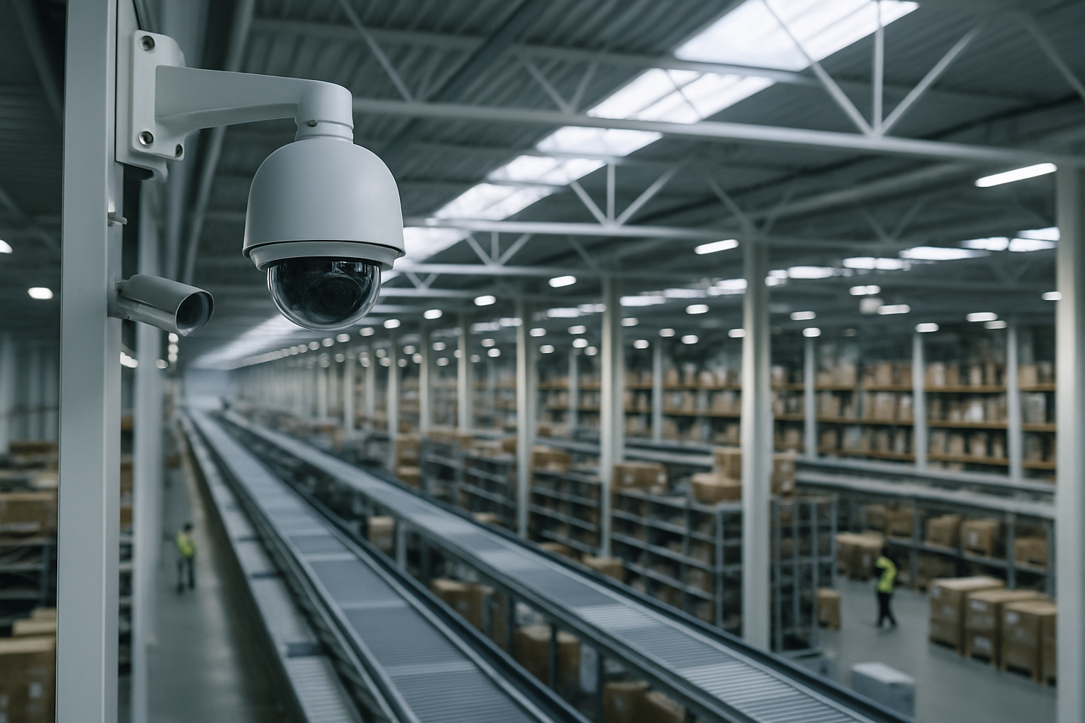 Interior of a large logistics warehouse showing panoramic security cameras mounted at ceiling height, with conveyor belts and shelving units stretching into the distance below