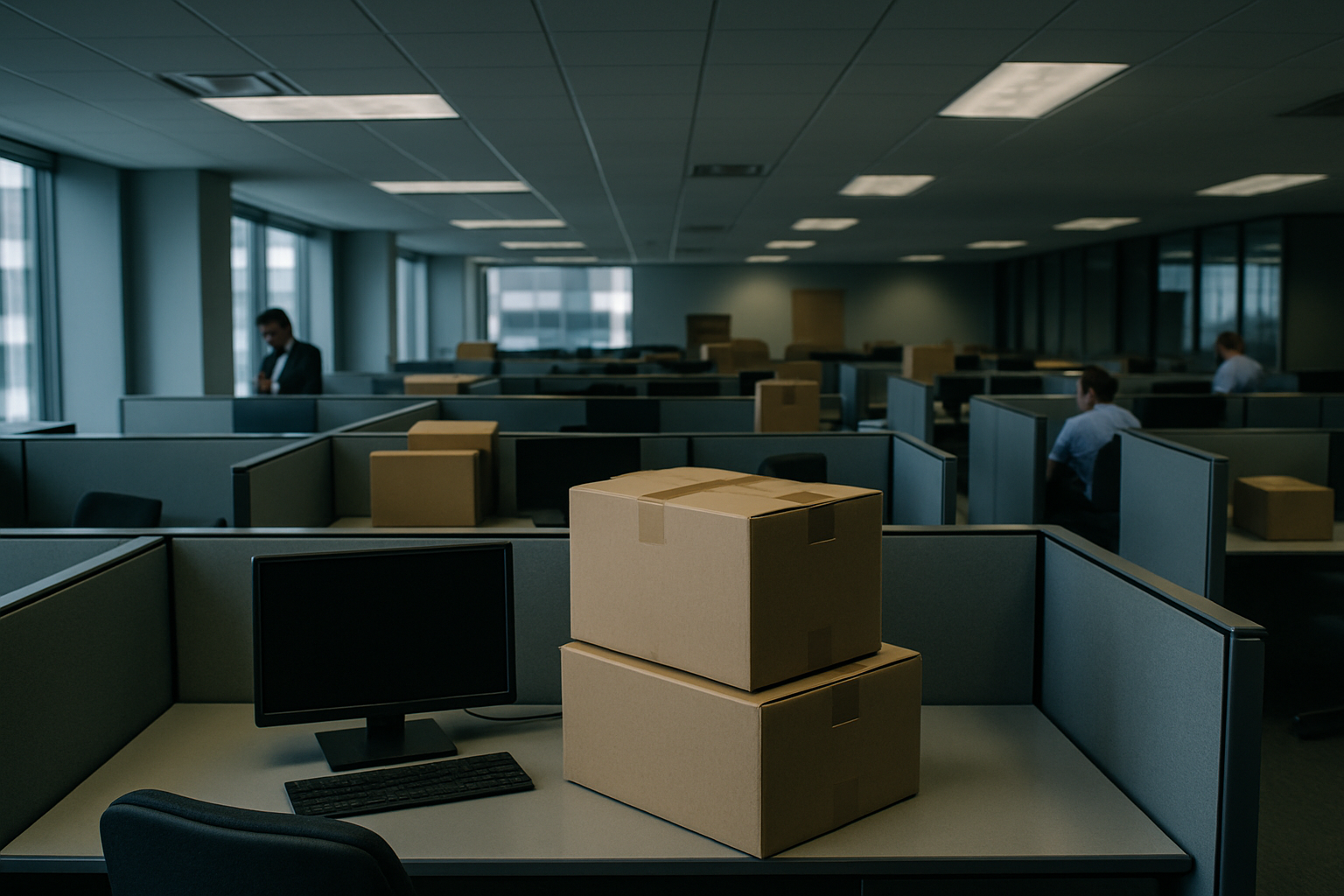 interior of a corporate office with empty cubicles and a few cardboard moving boxes left on desks