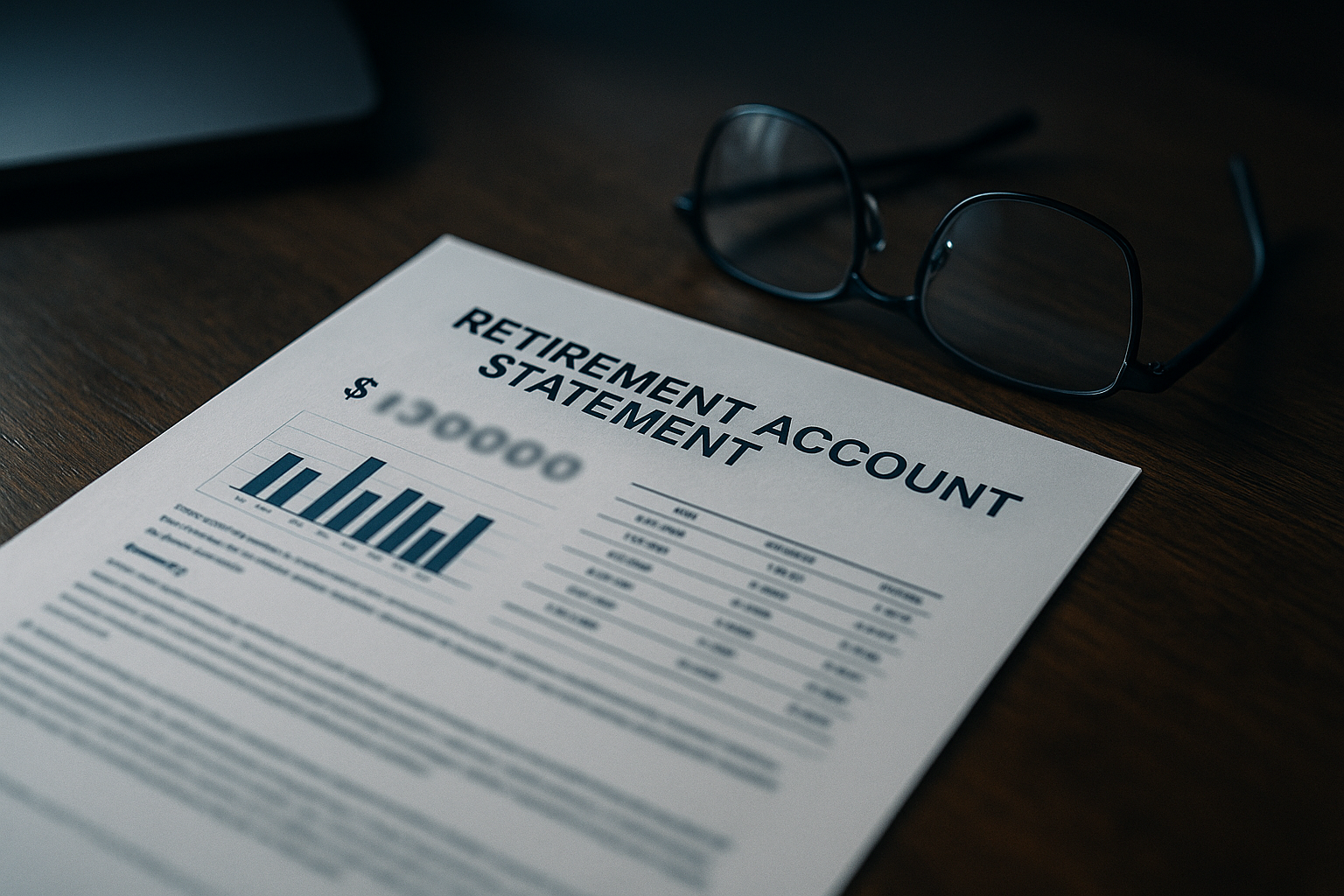 close-up of a retirement account statement resting on a wooden desk beside reading glasses
