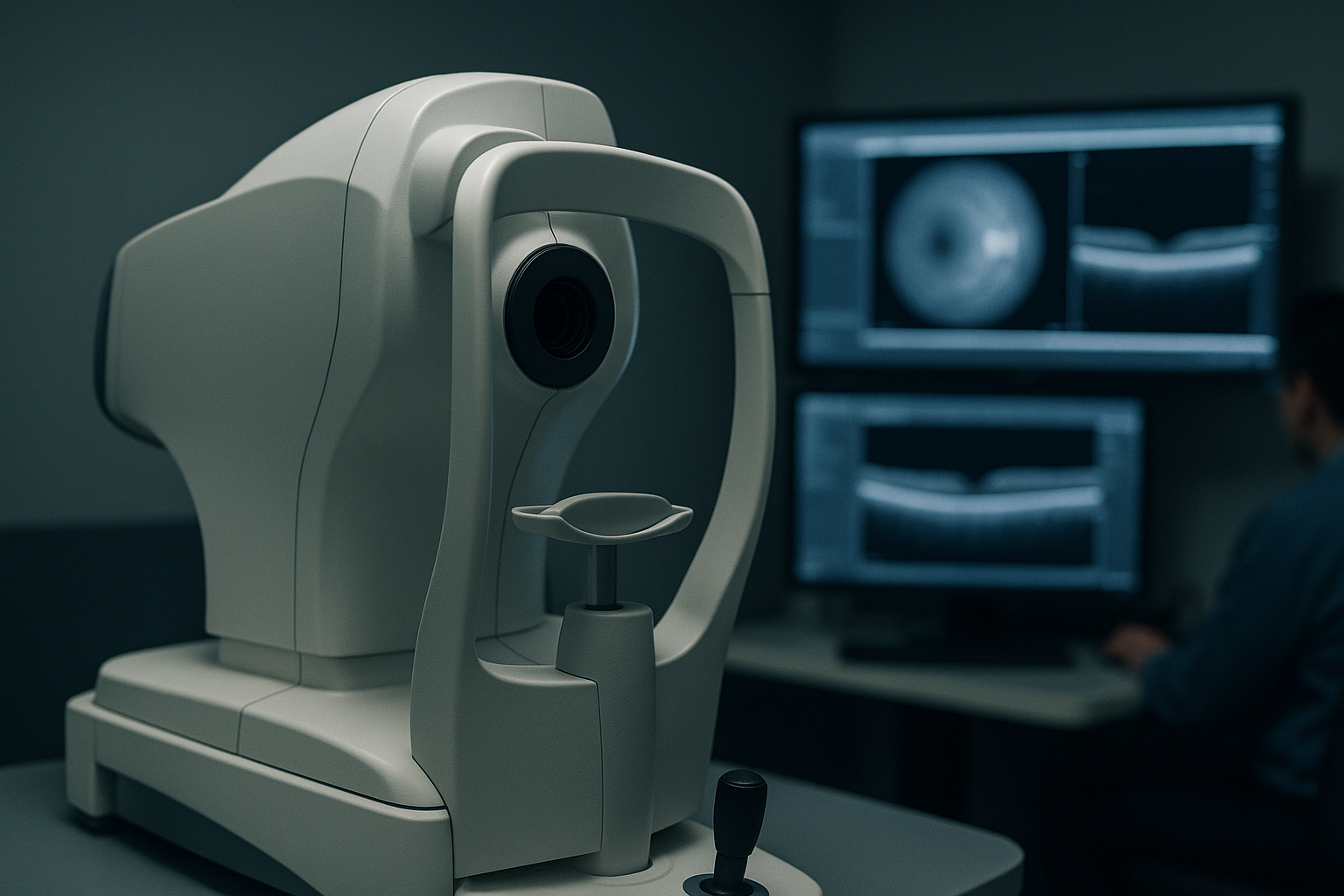 close-up of a retinal imaging scanner in a dim ophthalmology clinic, with screens displaying cross-sectional eye scans in the background