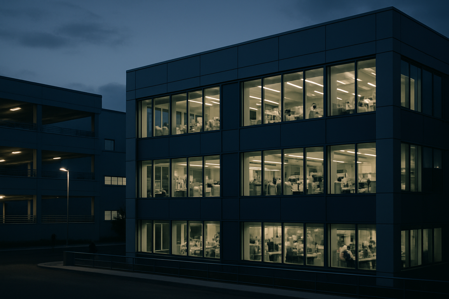 exterior of a modern biotech research facility at dusk, with illuminated laboratory windows and a parking structure visible in the foreground